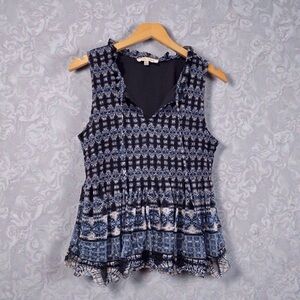 Rose & Olive Boho Print Blouse XL Flowy V-Neck Sleeveless Blue